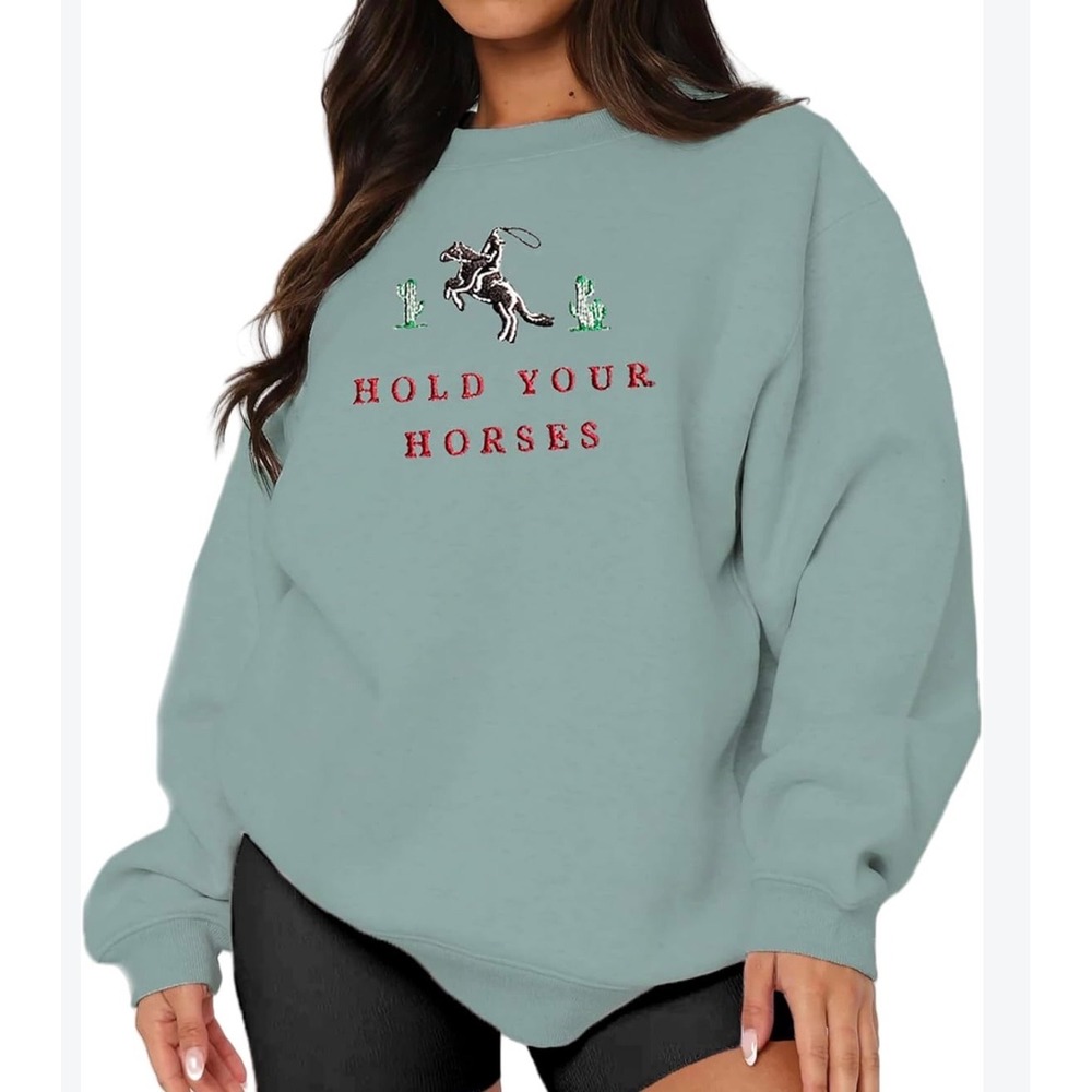Mapick Hold Your Horses Western Cowboy Embroidered Sweatshirt Sage Green Size 4